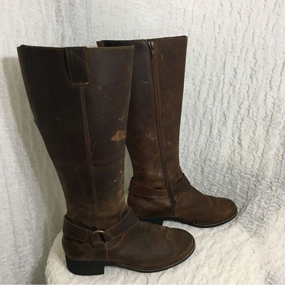 Clarks Buckle Strap Brown Leather Knee High Boots Size 8.5M - Picture 1 of 16